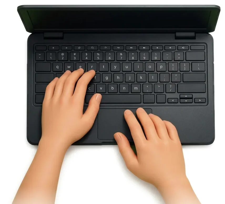 A student typing on a Chromebook