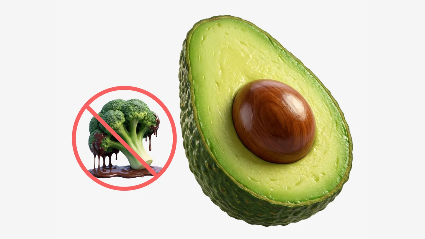 An avocado beside crossed-out chocolate-covered broccoli