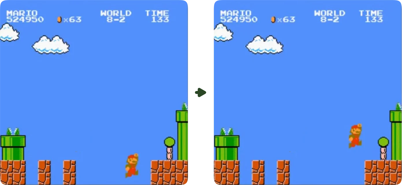 Super Mario falling short of a jump, then clearing it on the retry