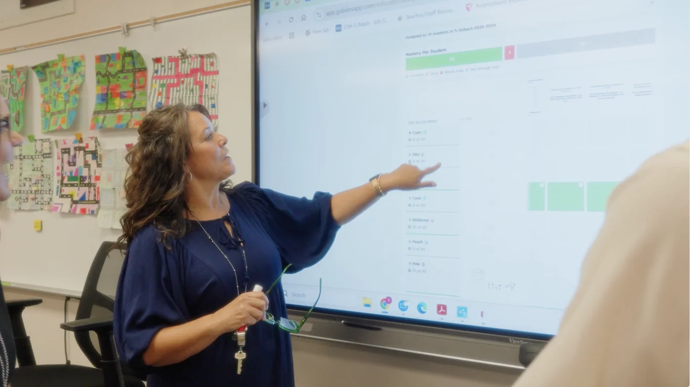 A teacher pointing at a Goblins assessment report on a classroom smartboard